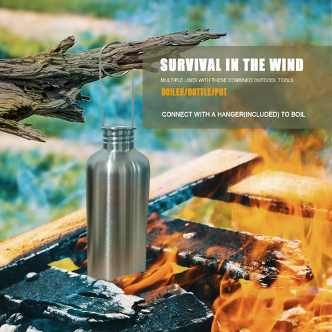 Survival Ready 3-In-1 42oz Water Bottle hanging over fire, used as a boiler, stainless steel canteen for camping.