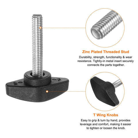 Tee Wing Knob Thumb Screws M6 x 35mm Black Plastic Hand Clamping Knobs Grip Tight For Equipment And DIY Projects 4 Pack Easy Hand Turned Fasteners For Secure Adjustments, zinc plated threaded stud
