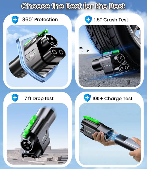 Plug And Play Ccs To Nacs Adapter For Dc Fast Charging Station, showing 360 protection and crash test features.