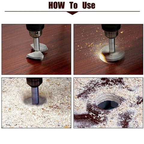 Forstner drill bit 90mm tungsten carbide wood hole cutter; four-view collage showing drilling into wood.