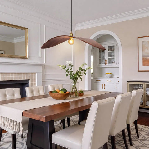 33.4" Large Wood Pendant Lights, Mid-Century Modern Natural Black Walnut Wood Pendant Light Fixture above dining table.