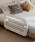 Toddler Bed Rail Guard With 14 Height Adjustable And Swing Down Design For Extra Tall Child Safety On Queen King Twin And Bunk Beds Easy Fold No Fuss One Click Setup For Safer Sleep, displayed on a bed.