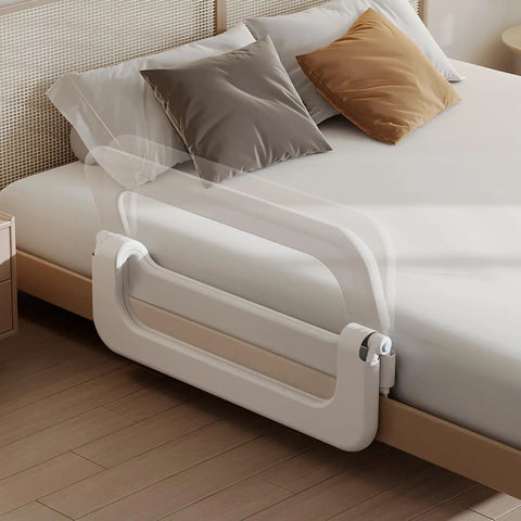 Toddler Bed Rail Guard With 14 Height Adjustable And Swing Down Design For Extra Tall Child Safety On Queen King Twin And Bunk Beds Easy Fold No Fuss One Click Setup For Safer Sleep, displayed on a bed.