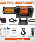Included accessories for Heavy Duty 3500 Lb ATV Winch With Synthetic Rope And Wireless Remote, featuring winch, controls, hook, and manual.