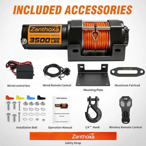 Included accessories for Heavy Duty 3500 Lb ATV Winch With Synthetic Rope And Wireless Remote, featuring winch, controls, hook, and manual.