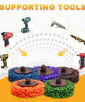 46 Pc 2 Inch Quick Change Strip Discs Multi Color Kit For Paint And Rust Removal On Die Grinder Or Drill With 1 Quarter Inch Roll Lock Holder Surface Prep And Conditioning showing various tool compatibility.