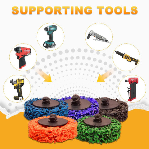 46 Pc 2 Inch Quick Change Strip Discs Multi Color Kit For Paint And Rust Removal On Die Grinder Or Drill With 1 Quarter Inch Roll Lock Holder Surface Prep And Conditioning showing various tool compatibility.