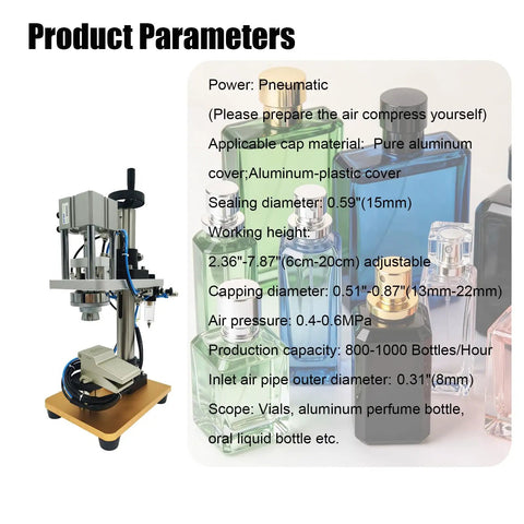 IntXanth Pneumatic Perfume Bottle Crimping Machine 15mm Aluminum Cap Capper Sealer For Vials & Oral Liquid Spray Caps with adjustable height.