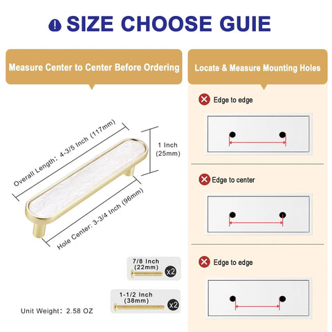 4 Pack Gold Cabinet Pulls With Pearl Inlay And Brushed Brass Base, measurement guide, 3-3/4 inch center, oval handle