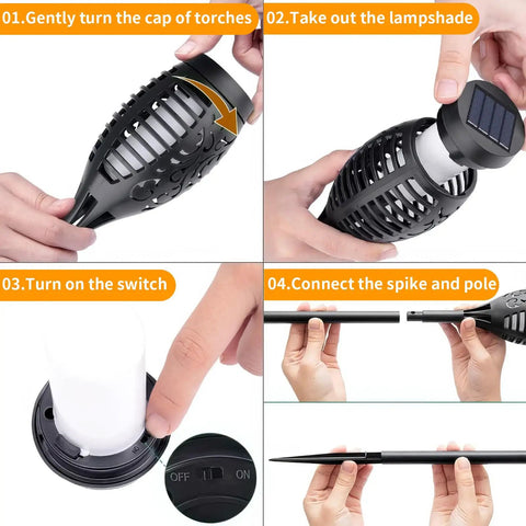 Assembly steps for Eight Pack Solar Flickering Flame Torches For Outdoors Waterproof Garden Lights showing disassembly and setup.