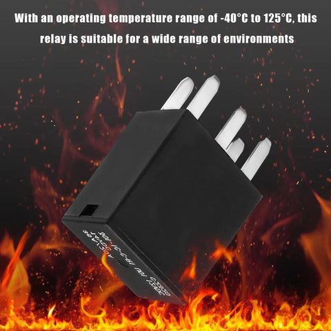 Dead On 4 Pack 12 Volt 35 Amp Auto Power Relay, Five Pin Spst Heavy Duty Car Switch with flame background highlighting durability.