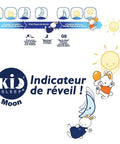 Illustration of Moon 5-In-1 Day Night Educational Alarm Clock For Babies 0-3 Years with bunnies and sun, in French.