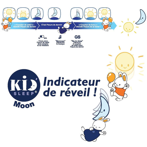 Illustration of Moon 5-In-1 Day Night Educational Alarm Clock For Babies 0-3 Years with bunnies and sun, in French.