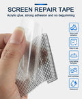 Close-up of Window Screen Repair Kit 2 Inch By 16.5 Foot Fiberglass Mesh Tape with adhesive backing held by hand