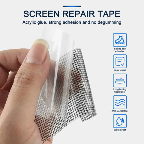 Close-up of Window Screen Repair Kit 2 Inch By 16.5 Foot Fiberglass Mesh Tape with adhesive backing held by hand