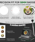 Heavy Duty Button Paper Cutter For 58mm Badges And 69.5mm Round Buttons with size details and seamless assembly features.