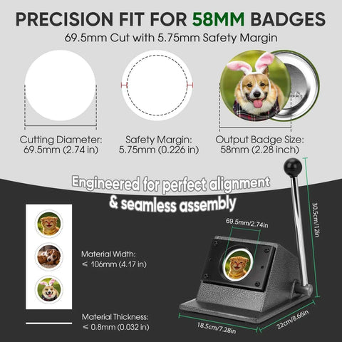 Heavy Duty Button Paper Cutter For 58mm Badges And 69.5mm Round Buttons with size details and seamless assembly features.