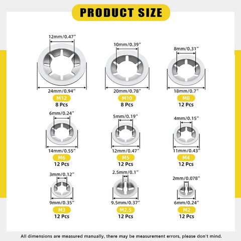 Sizes and dimensions of Stainless Steel Internal Tooth Star Lock Washers from M2 to M12 in the assortment set.