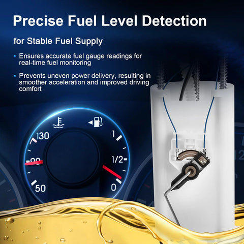 Chevy GMC Electric Fuel Pump Kit With Level Sensor And Sending Unit For 1997 To 2000 C1500 C2500 C3500 And K1500 K2500 K3500 Pickups 4.3L 5L 5.7L 7.4L Replacement With Two Connectors, Plug And Play Install showing precise fuel level detection
