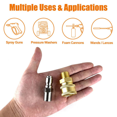 Brass and chrome 1/4-inch NPT pressure washer quick-connect adapters held in hand