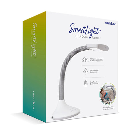 Packaging of SmartLight Full Spectrum LED Desk Lamp with Adjustable Brightness and Flexible Gooseneck USB Charging Port Eye Strain Reduction