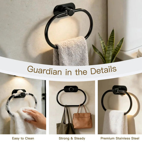 Self Adhesive Towel Ring Matte Black Stainless Steel Rustproof Wall Mounted Bathroom Towel Holder SUS 304 Durable, No Drill Easy Install