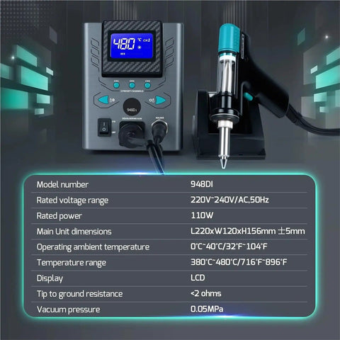 948DI 110W High Power Desoldering Station With Tin Suction Gun Vacuum Pump Soldering Tool LCD display and specifications