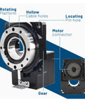 200mm Hollow Rotating Platform With 10:1 Speed Reducer showcasing gear, motor connector, and cable holes for industrial use.