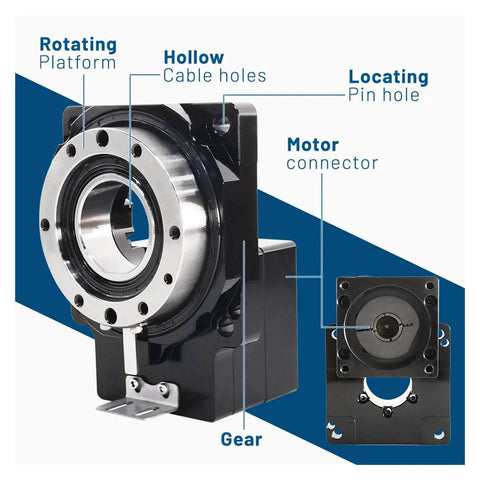 200mm Hollow Rotating Platform With 10:1 Speed Reducer showcasing gear, motor connector, and cable holes for industrial use.