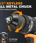 Close-up of Go-To 20V Max Cordless Hammer Drill With Brushless Motor, highlighting the half inch keyless metal chuck.