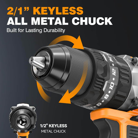 Close-up of Go-To 20V Max Cordless Hammer Drill With Brushless Motor, highlighting the half inch keyless metal chuck.