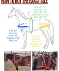 Diagram and horse images showing how to measure for a Brown Nylon Driving Harness For Single Horse with size guide.