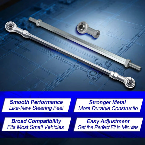 Adjustable Steering Tie Rods Set Of 2 238mm 240mm Lengths With 8mm Hole For 49cc Go Karts And Electric ATVs Built Beefy From Rust Resistant Metal For Easy Fit And Long Lasting Performance, shown with adjustable metal ends