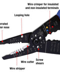 All-In-One 8-Inch Wire Stripper And Multi-Tool Cutter with labels showing plier nose, cutter, and crimper details.