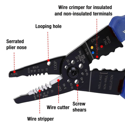 All-In-One 8-Inch Wire Stripper And Multi-Tool Cutter with labels showing plier nose, cutter, and crimper details.