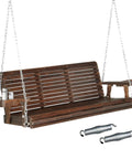 Oversized Wooden Porch Swing Bench With Cup Holders And Phone Slots Heavy Duty 880 Pounds Capacity 5 Foot Rustic Outdoor Hanging Swing With Chains For Yard Garden And Lawn Upgraded Seat Depth 21.7 Inches And Backrest 19.7 Inches.