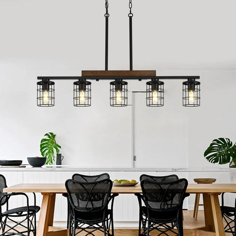36 Inch Rustic Farmhouse Kitchen Light Fixture With Black Matte Finish, adjustable height 5 light chandelier over dining table