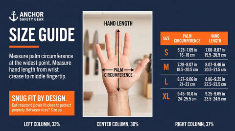 Size guide for Cut Resistant Kitchen Gloves ANSI A5 Level 5 HPPE for mandoline slicing and oyster shucking, showing hand measurements.