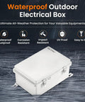 Rugged Outdoor IP67 Junction Box Waterproof Electrical Enclosure with Hinged Gray Cover on rainy background