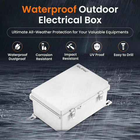 Rugged Outdoor IP67 Junction Box Waterproof Electrical Enclosure with Hinged Gray Cover on rainy background