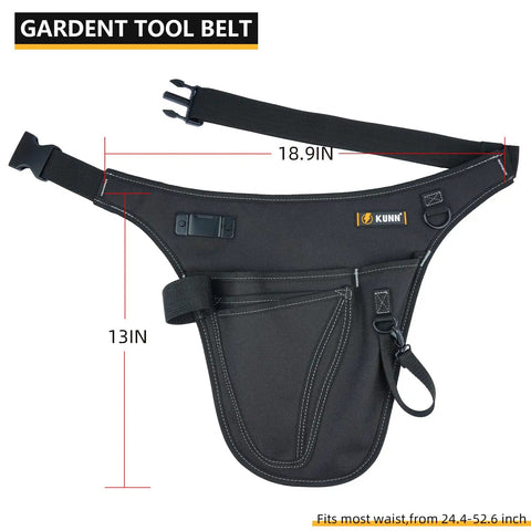 Garden Tool Organizer Belt With Four Pockets Multi Purpose Work Apron Pouch For Gardening Florists DIY Projects And Light Plumbing Heavy Duty Tool Carrier In Black, showing dimensions