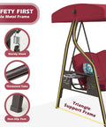 3 Seat Outdoor Porch Swing With Stand And Canopy, 2 In 1 Porch Swing Bed And Patio Chair For Adults, Wine Red, metal frame details