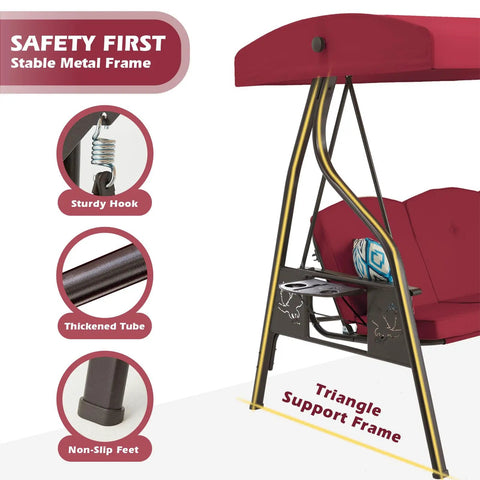 3 Seat Outdoor Porch Swing With Stand And Canopy, 2 In 1 Porch Swing Bed And Patio Chair For Adults, Wine Red, metal frame details