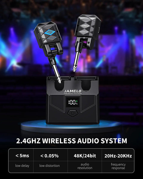 2.4GHz Wireless Guitar System With No Lag And Ultra Low Latency For Clear Stage Ready Tone Up To 65 Feet, shown with charging box