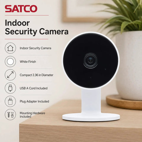 Rock Solid 1080P HD Indoor Security Camera 40 Pack including slick white housing, compact design on wooden surface.