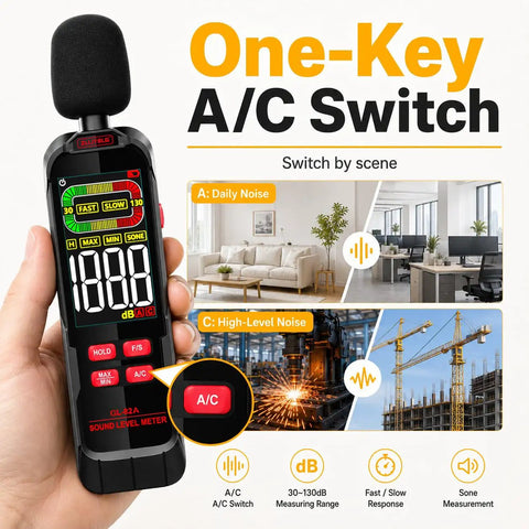 Digital Sound Level Meter With 30 To 130 dB Range A And C Weighting Fast Or Slow Response Max Min Data Hold Color Backlit Display Ideal Noise Meter For Home Office Shop Floor And Neighbor Noise Checks, handheld