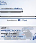 Beefed Up Rear Hatch Shocks And Lift Gate Gas Springs For 2005 To 2006 Chevrolet Tahoe Suburban 1500 2500 And GMC Yukon Denali XL Pack Of 2 Replacement 6151 SG230068 showing compressed and extended lengths.