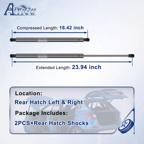 Beefed Up Rear Hatch Shocks And Lift Gate Gas Springs For 2005 To 2006 Chevrolet Tahoe Suburban 1500 2500 And GMC Yukon Denali XL Pack Of 2 Replacement 6151 SG230068 showing compressed and extended lengths.