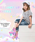 Child in striped shirt wearing 3 In 1 Convertible Kids Roller Skates With Light Up Wheels Hard Shell Boots Quad Inline And Tri Modes