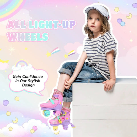 Child in striped shirt wearing 3 In 1 Convertible Kids Roller Skates With Light Up Wheels Hard Shell Boots Quad Inline And Tri Modes